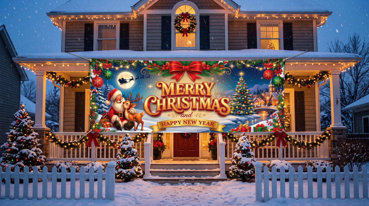 Merry Christmas and Happy New Year Banner, Santa and Reindeer Holiday Banner