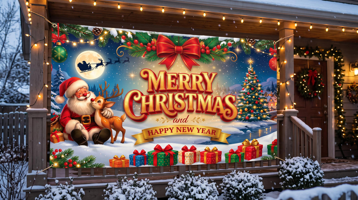 Merry Christmas and Happy New Year Banner, Santa and Reindeer Holiday Banner