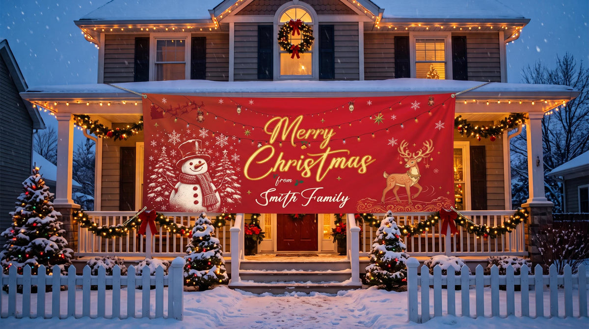 Merry Christmas Family Name Banner, Personalized Snowman Holiday Banner