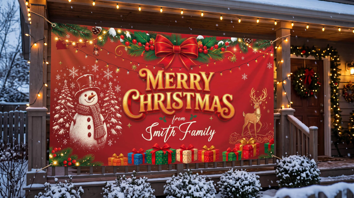 Merry Christmas Family Name Banner, Personalized Snowman Holiday Banner