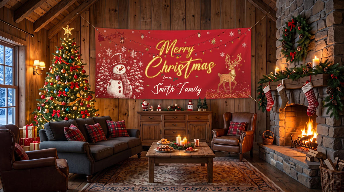 Merry Christmas Family Name Banner, Personalized Snowman Holiday Banner