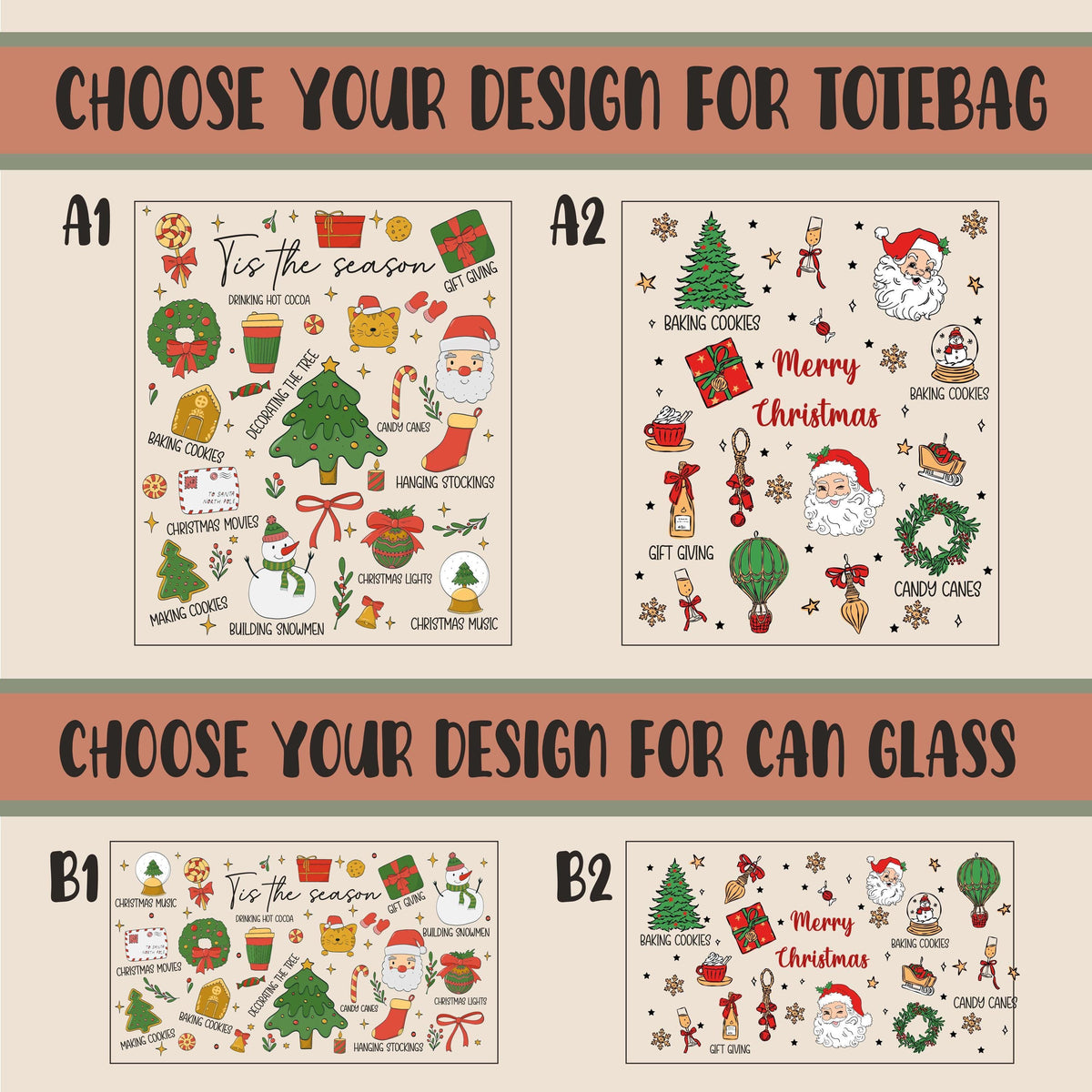 Personalized Tis The Season Christmas Matching Canvas Tote & Glass Cup, Holiday Pattern Iced Coffee Tumbler and Shoulder Bag, Xmas Gift Her