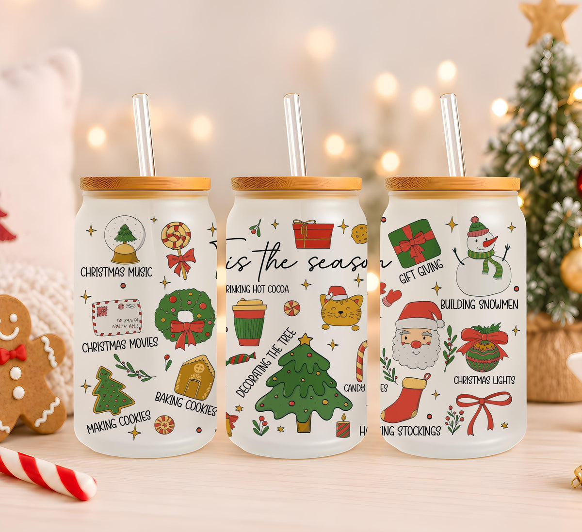 Personalized Tis The Season Christmas Matching Canvas Tote & Glass Cup, Holiday Pattern Iced Coffee Tumbler and Shoulder Bag, Xmas Gift Her