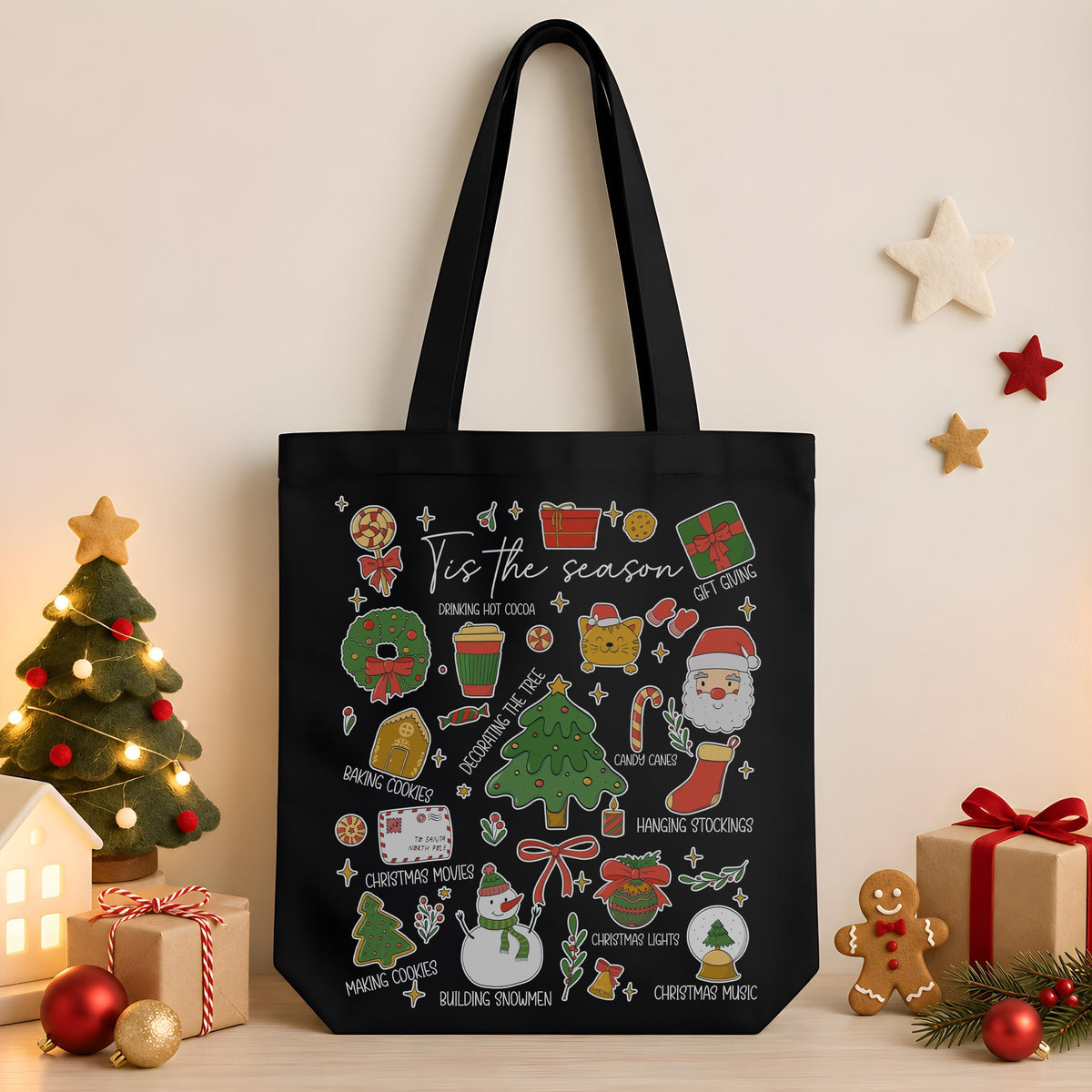Personalized Tis The Season Christmas Matching Canvas Tote & Glass Cup, Holiday Pattern Iced Coffee Tumbler and Shoulder Bag, Xmas Gift Her