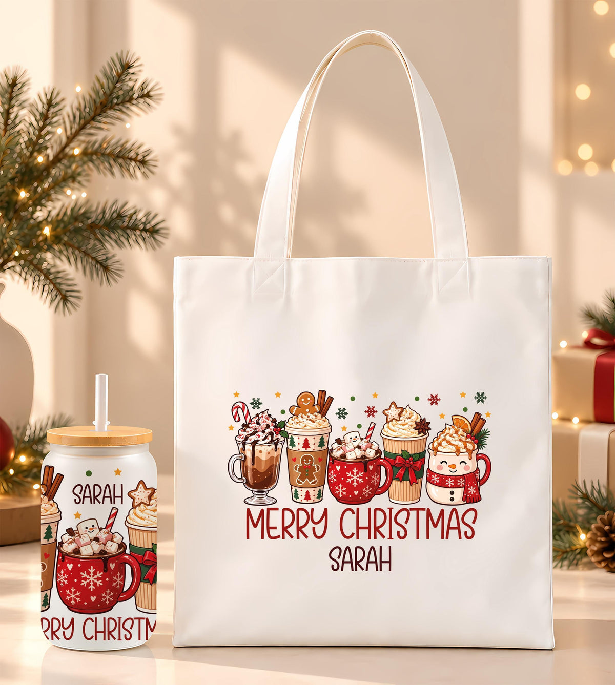 Custom Name Merry Christmas Canvas Tote Bag, Cozy Hot Cocoa Glass Can Cup, Personalized Cute Christmas Morning Gift Box Set For Her