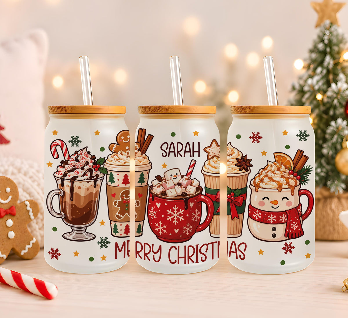 Custom Name Merry Christmas Canvas Tote Bag, Cozy Hot Cocoa Glass Can Cup, Personalized Cute Christmas Morning Gift Box Set For Her