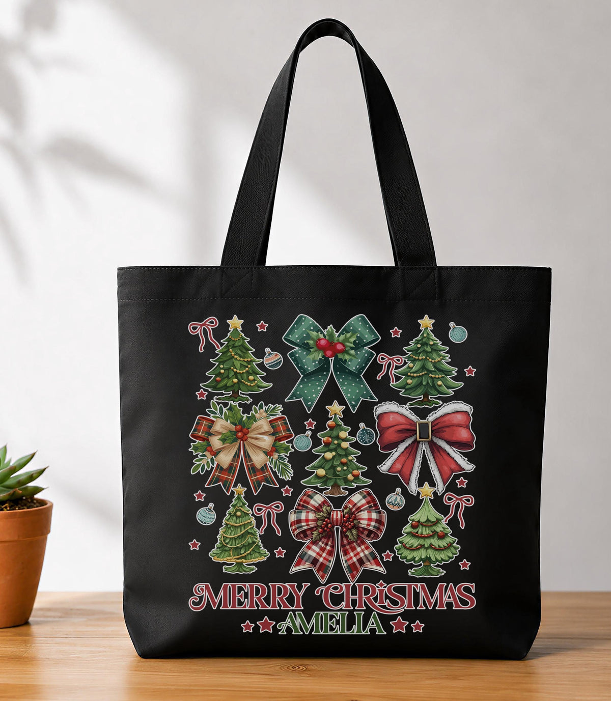 Custom Name Merry Christmas Insulated Cup & Canvas Tote, Festive Coquette Bow Tumbler and Goodie Bag, Personalized Holiday Gift Set