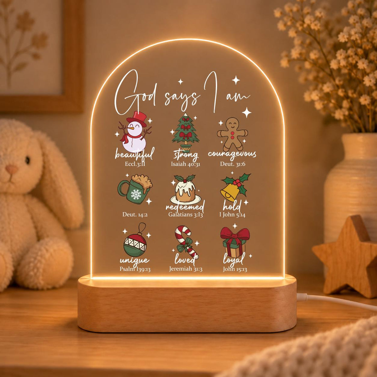 Christian Christmas Night Light, “God Says I Am” Bible Verse Acrylic LED Lamp