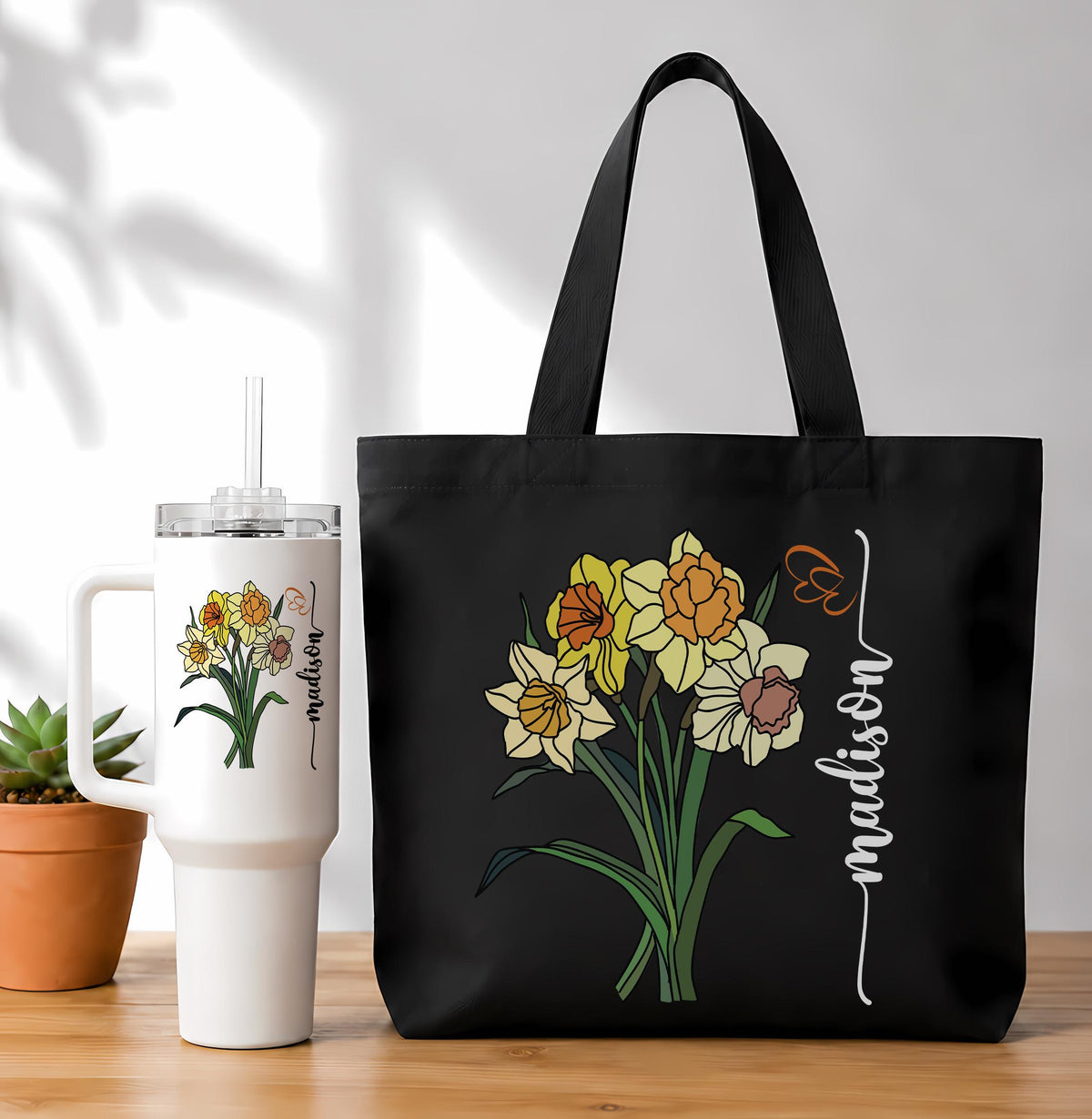 Personalized Floral Canvas Shoulder Bag & Stainless Travel Tumbler, Custom Name Birth Month Flower Cup and Tote Set, Boho Birthday Gift