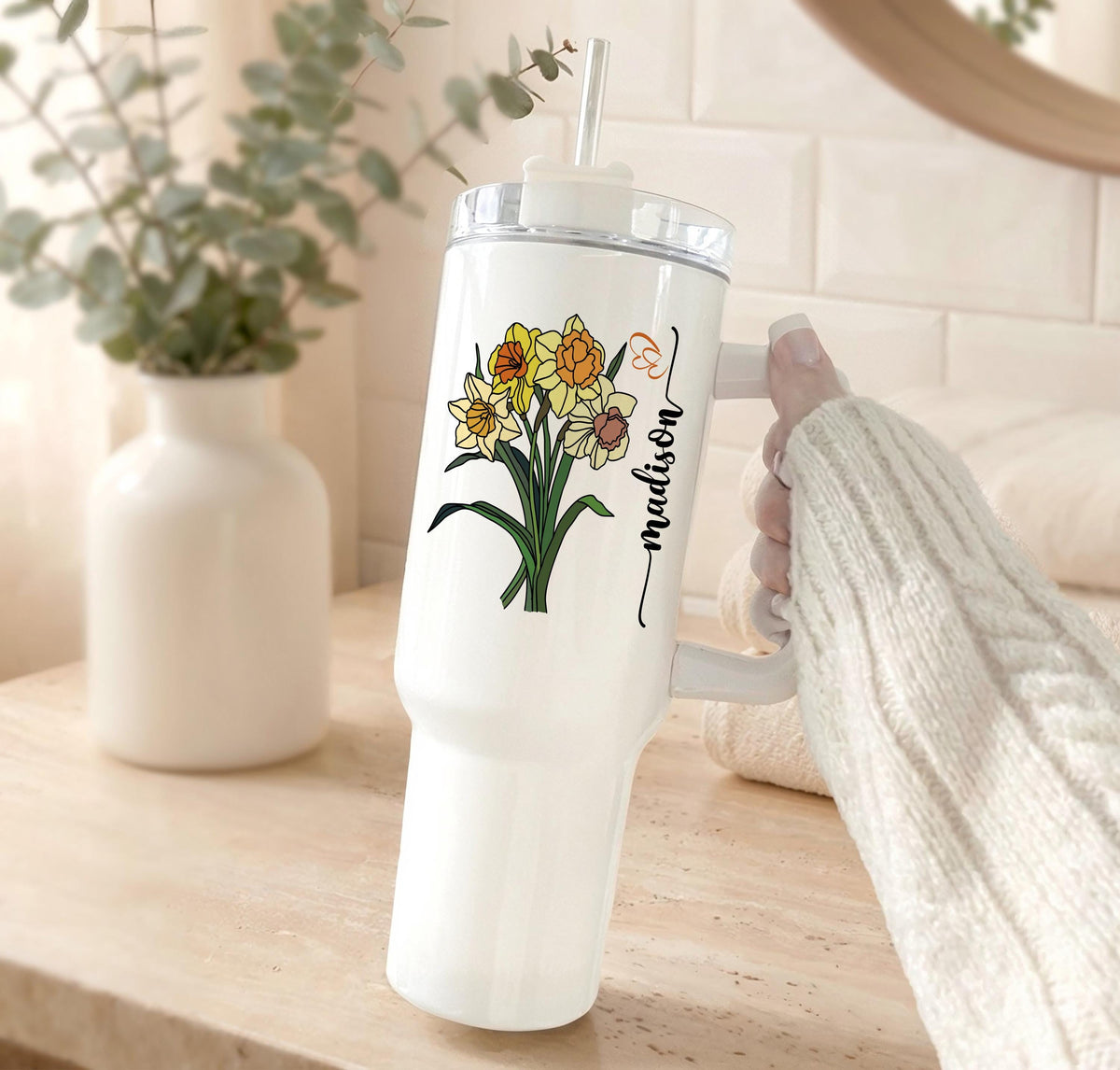 Personalized Floral Canvas Shoulder Bag & Stainless Travel Tumbler, Custom Name Birth Month Flower Cup and Tote Set, Boho Birthday Gift