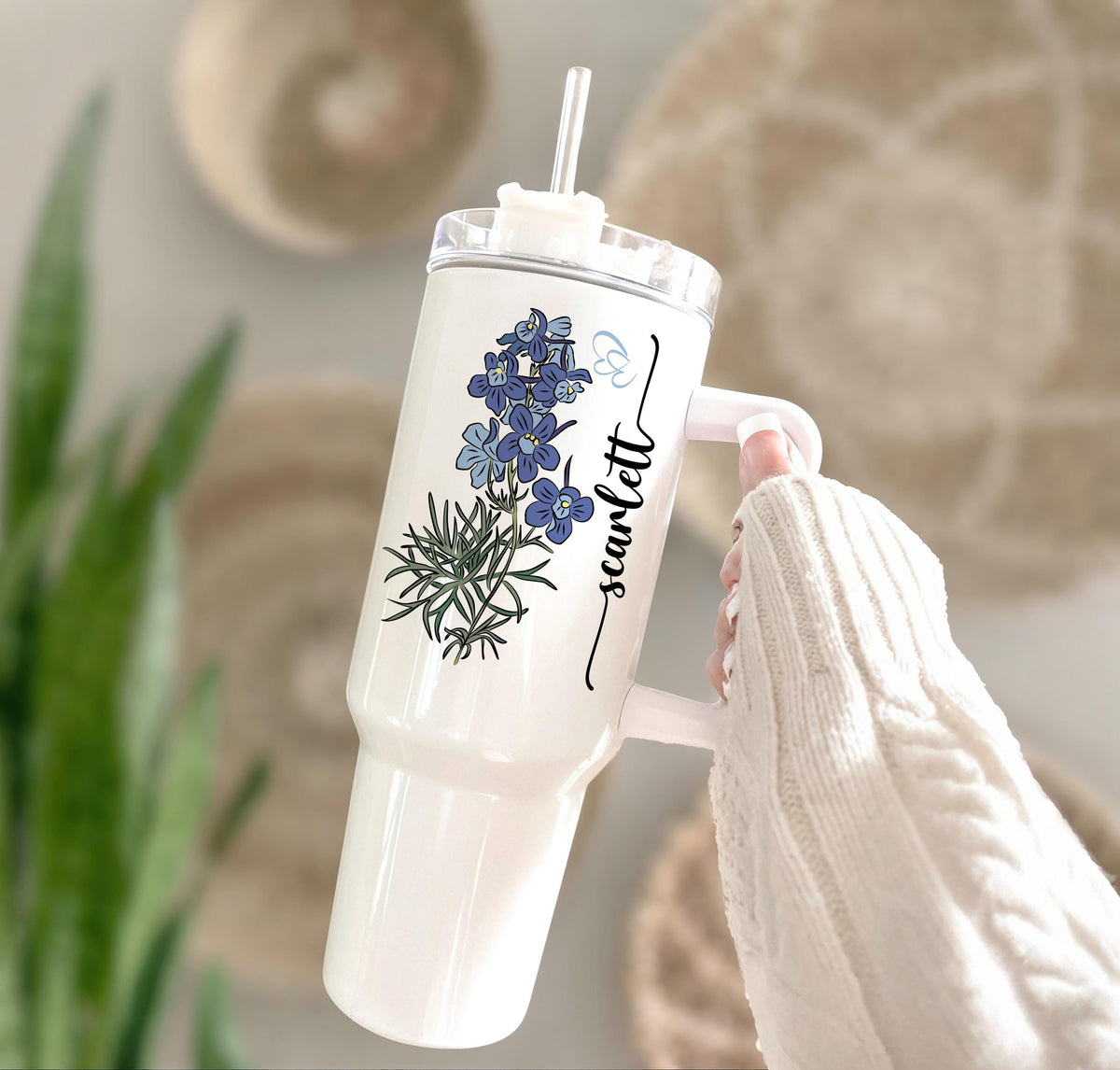 Personalized Floral Canvas Shoulder Bag & Stainless Travel Tumbler, Custom Name Birth Month Flower Cup and Tote Set, Boho Birthday Gift