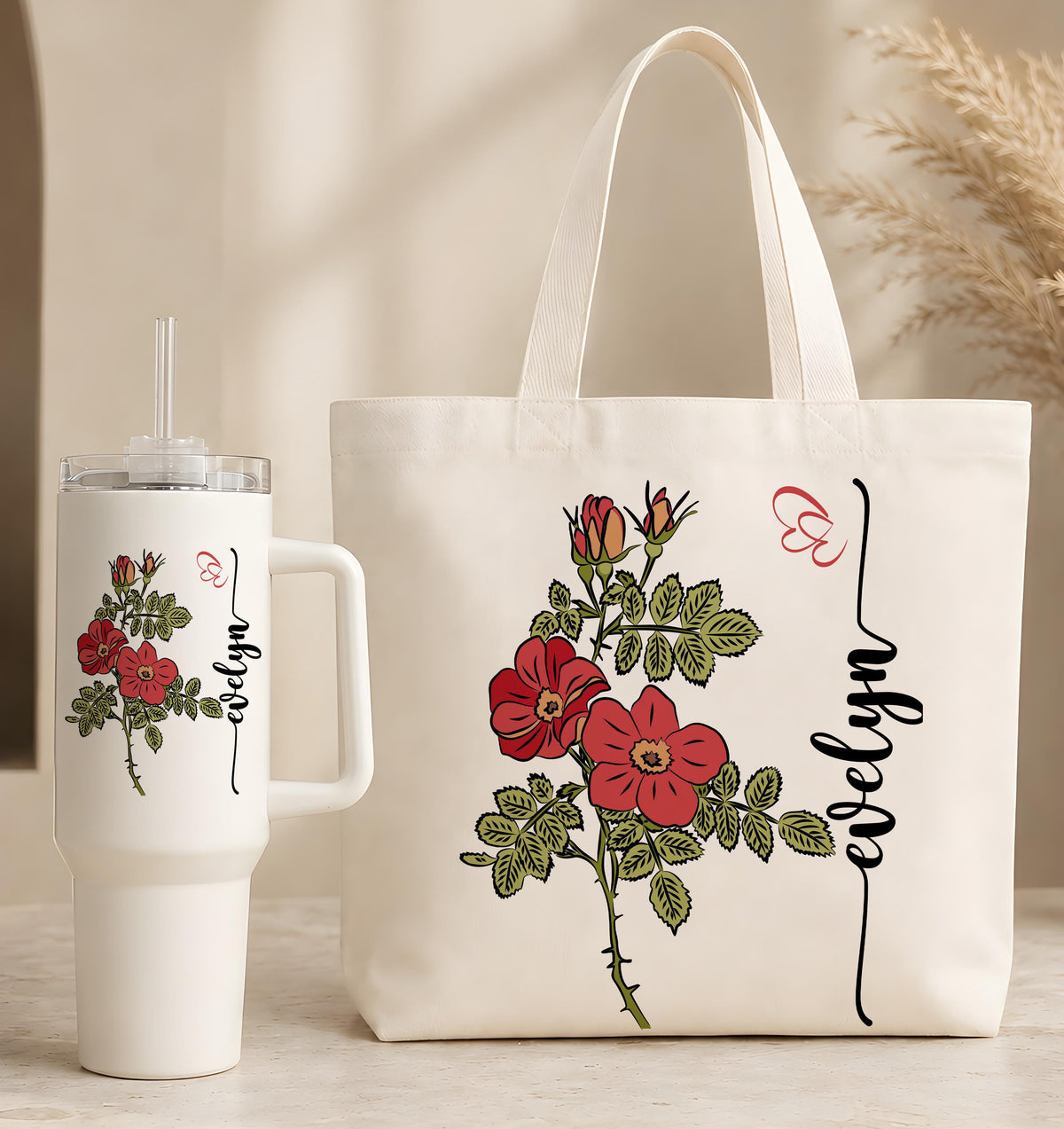 Personalized Floral Canvas Shoulder Bag & Stainless Travel Tumbler, Custom Name Birth Month Flower Cup and Tote Set, Boho Birthday Gift