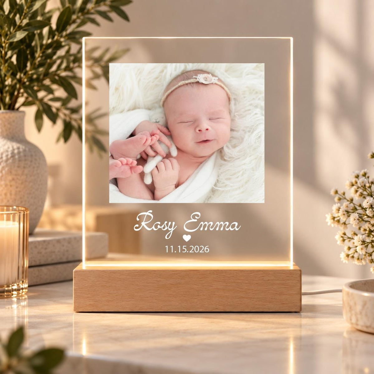 Personalized Baby Photo Night Light, Newborn Name LED Lamp for Nursery