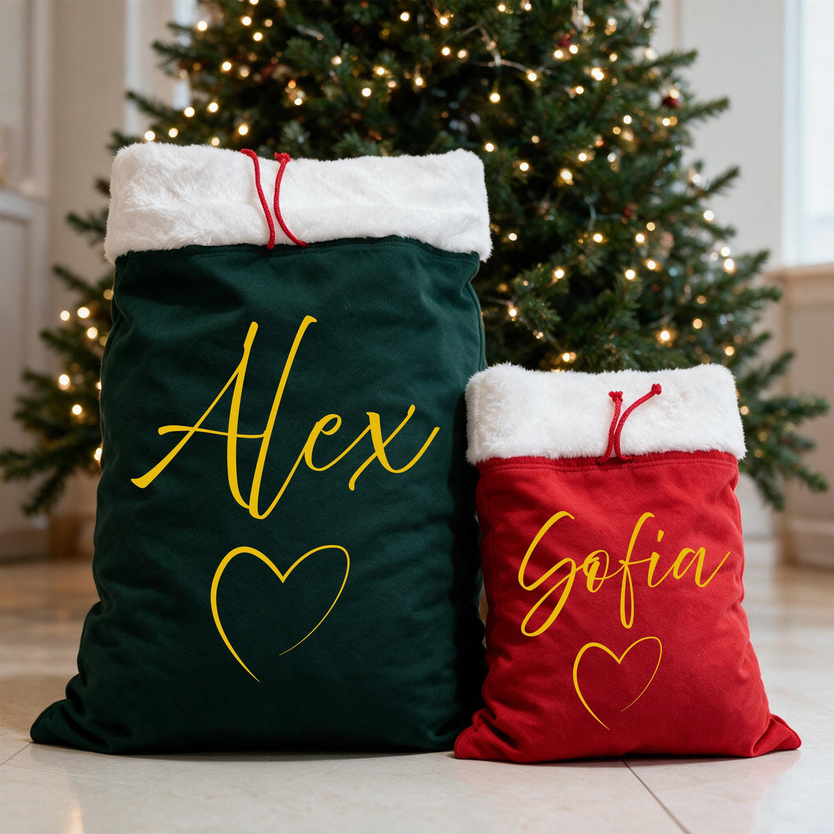 Custom Name with Heart Santa Sacks, Christmas Gift Bag, XMAS Kids Present Sack, Matching Family Toy Gift Bag
