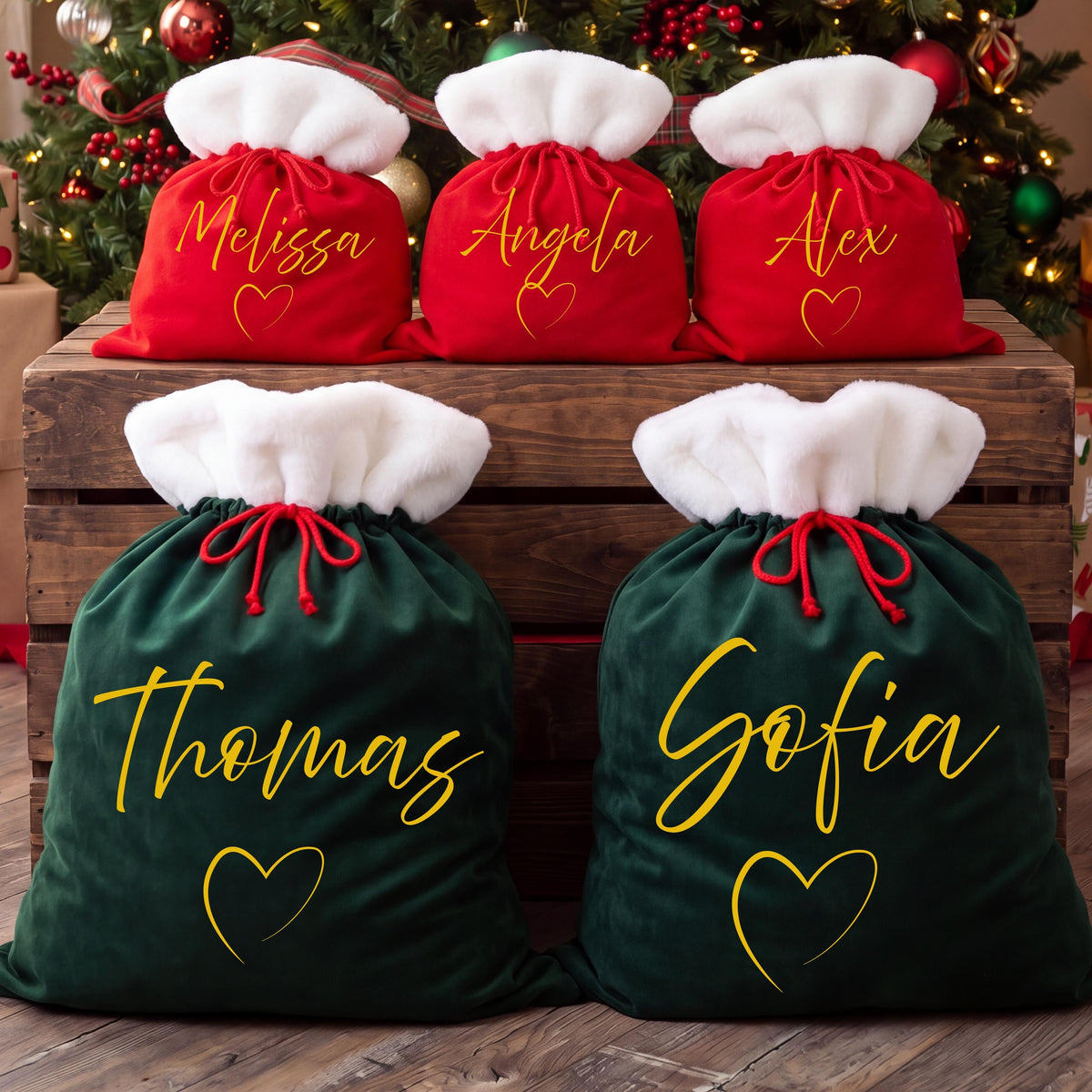 Custom Name with Heart Santa Sacks, Christmas Gift Bag, XMAS Kids Present Sack, Matching Family Toy Gift Bag