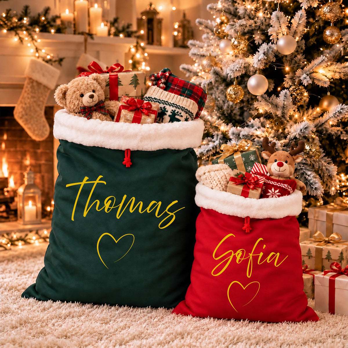 Custom Name with Heart Santa Sacks, Christmas Gift Bag, XMAS Kids Present Sack, Matching Family Toy Gift Bag