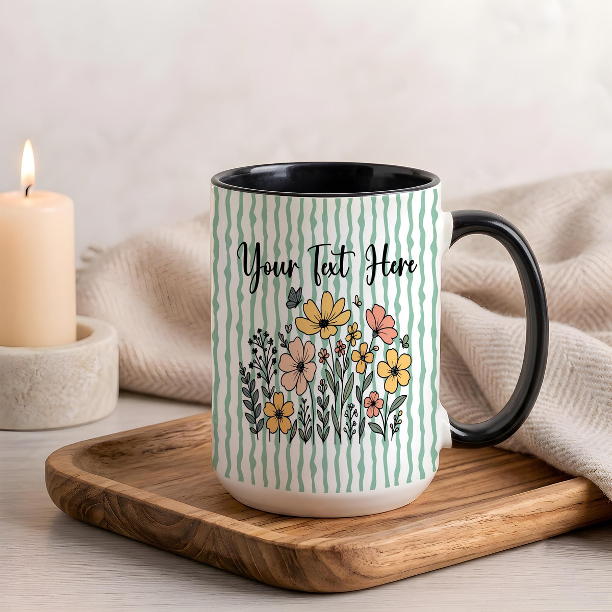 Personalized Striped Pattern Floral Accent Mug, Custom Text Botanical Ceramic Coffee Cup, Cottagecore Gift For Her, Mom Birthday Gift