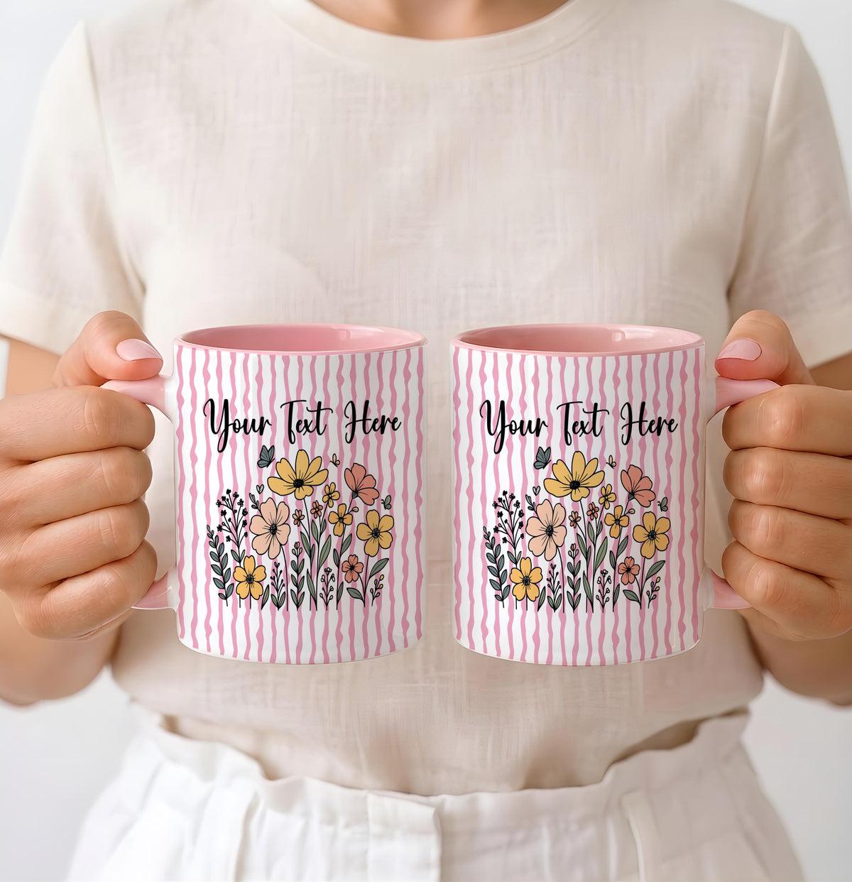 Personalized Striped Pattern Floral Accent Mug, Custom Text Botanical Ceramic Coffee Cup, Cottagecore Gift For Her, Mom Birthday Gift