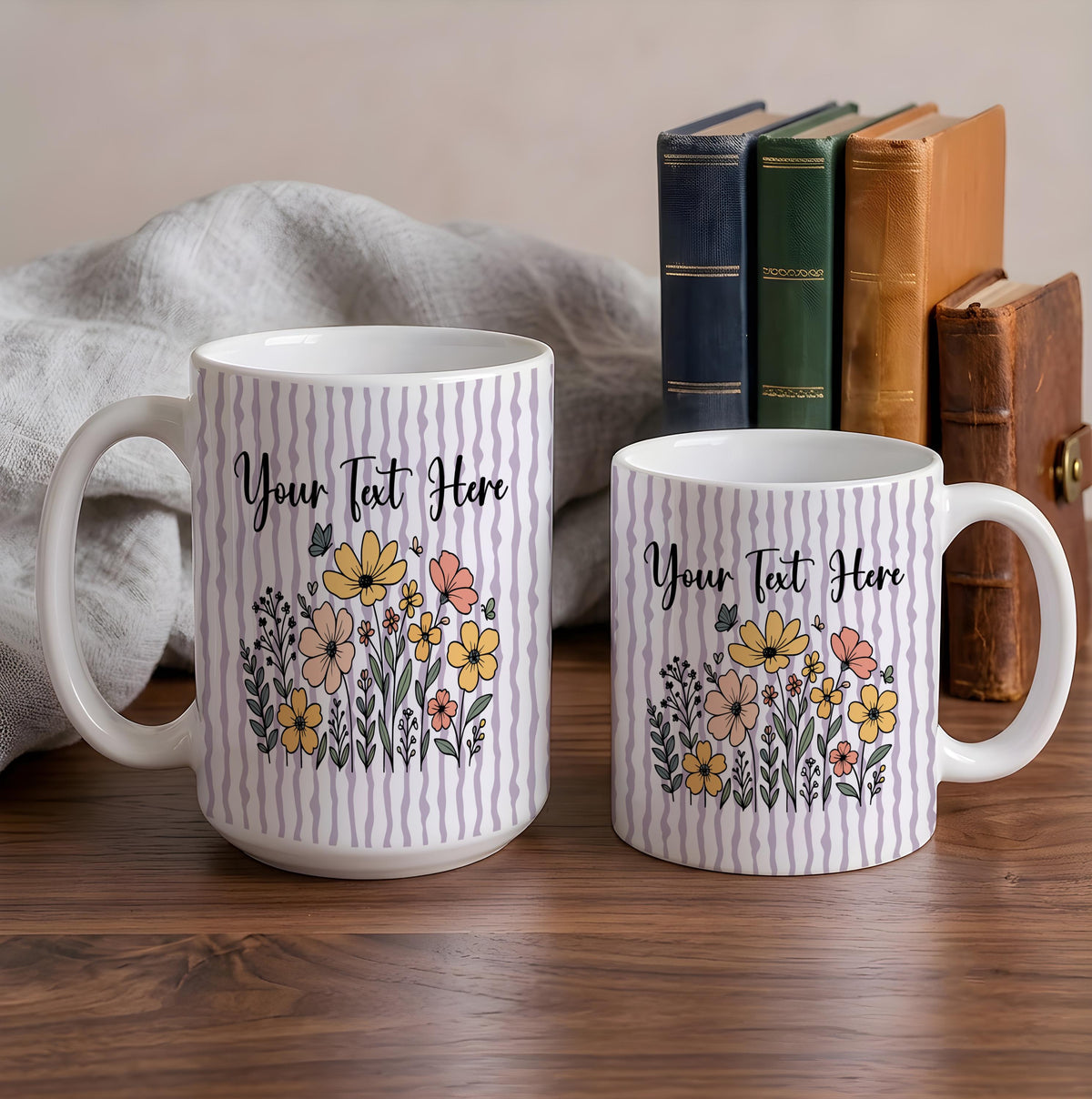 Personalized Striped Pattern Floral Accent Mug, Custom Text Botanical Ceramic Coffee Cup, Cottagecore Gift For Her, Mom Birthday Gift