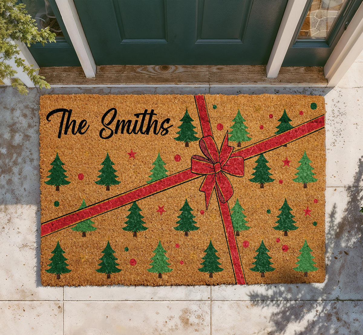 Personalized Christmas Ribbon Gift Box Doormat, Custom Family Name Holiday Welcome Mat, Festive Red Bow Pine Tree Entrance Decor Gift