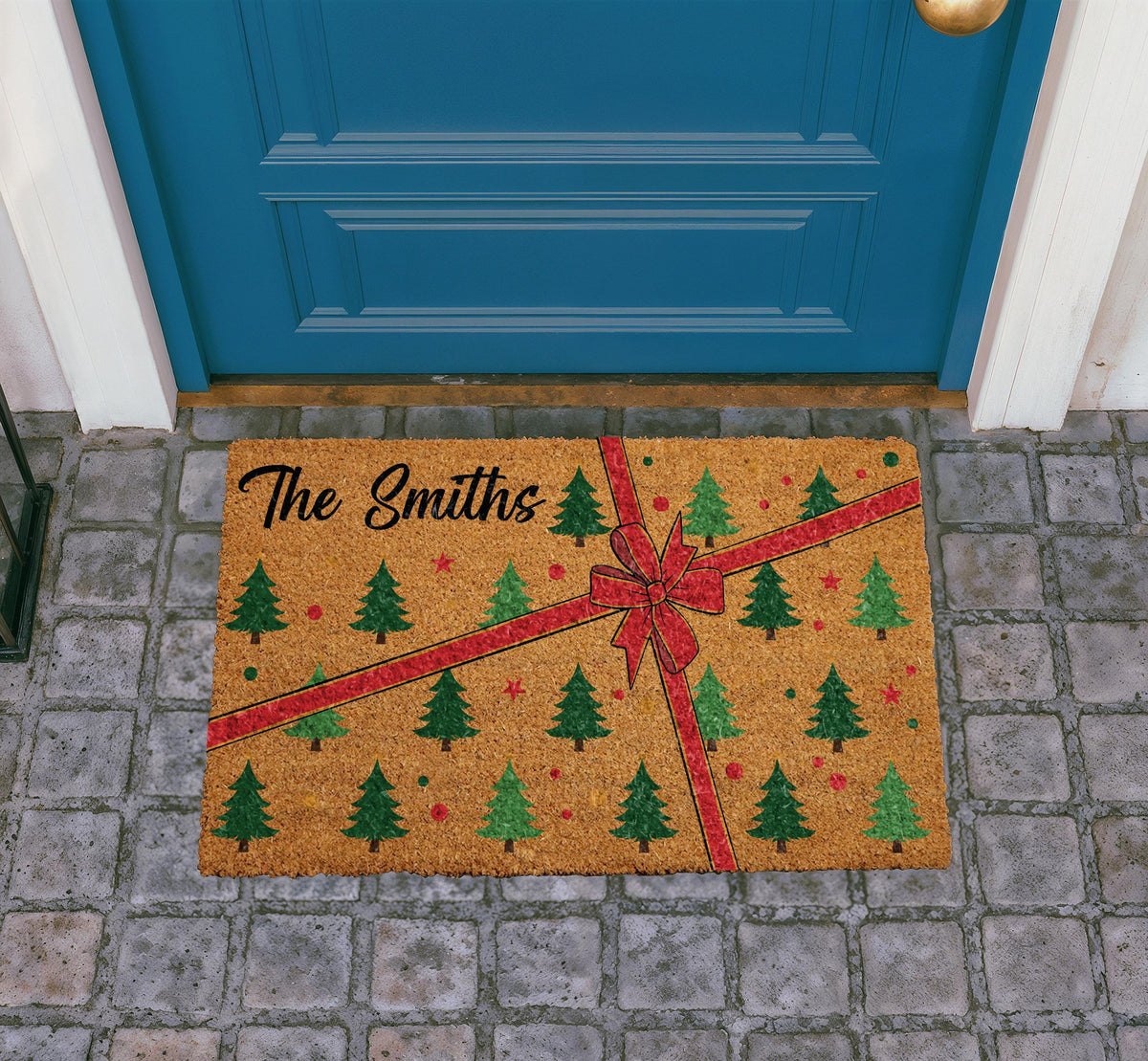 Personalized Christmas Ribbon Gift Box Doormat, Custom Family Name Holiday Welcome Mat, Festive Red Bow Pine Tree Entrance Decor Gift