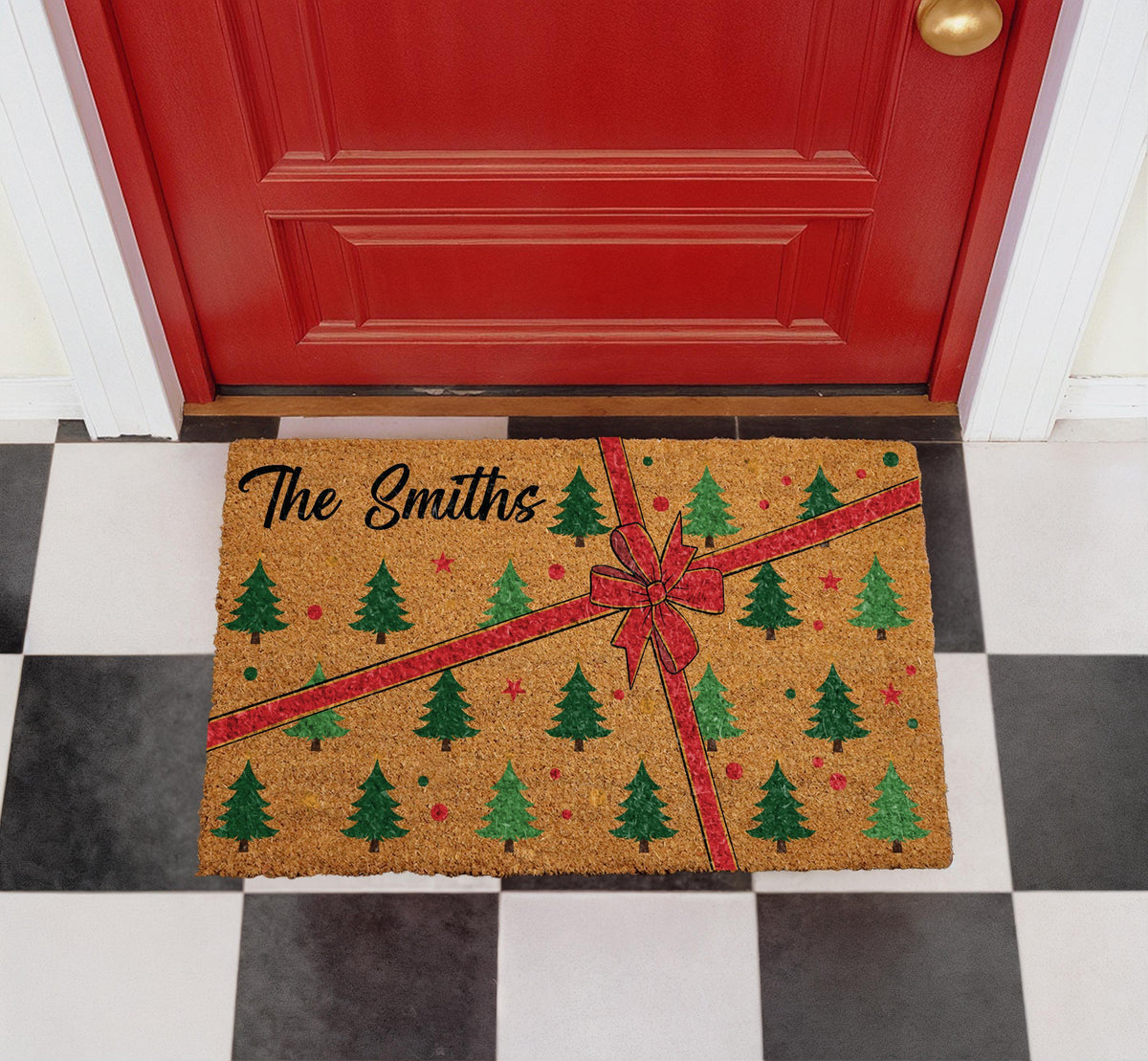 Personalized Christmas Ribbon Gift Box Doormat, Custom Family Name Holiday Welcome Mat, Festive Red Bow Pine Tree Entrance Decor Gift