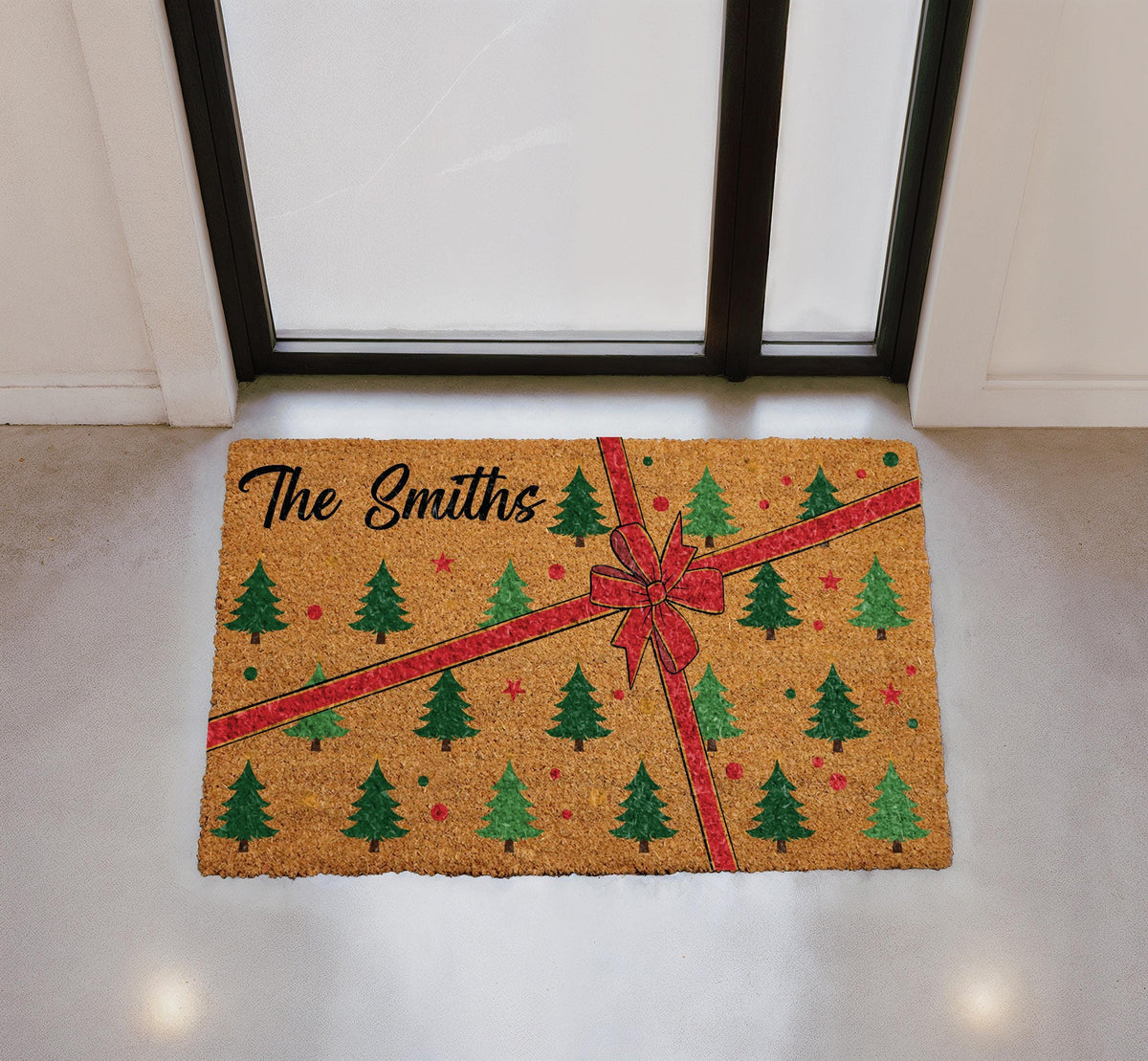 Personalized Christmas Ribbon Gift Box Doormat, Custom Family Name Holiday Welcome Mat, Festive Red Bow Pine Tree Entrance Decor Gift