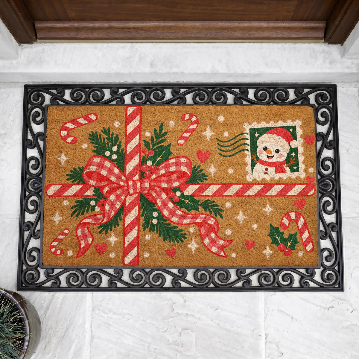 Retro Christmas Ribbon Envelope Doormat, Festive Snowman Postage Stamp Welcome Mat, Winter Seasonal Entry Decor, Christmas Lovers Gift