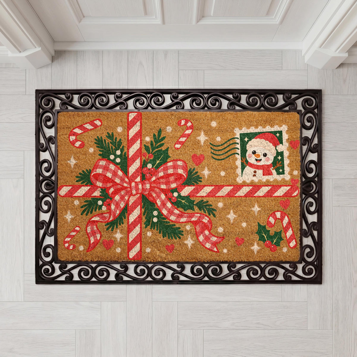 Retro Christmas Ribbon Envelope Doormat, Festive Snowman Postage Stamp Welcome Mat, Winter Seasonal Entry Decor, Christmas Lovers Gift
