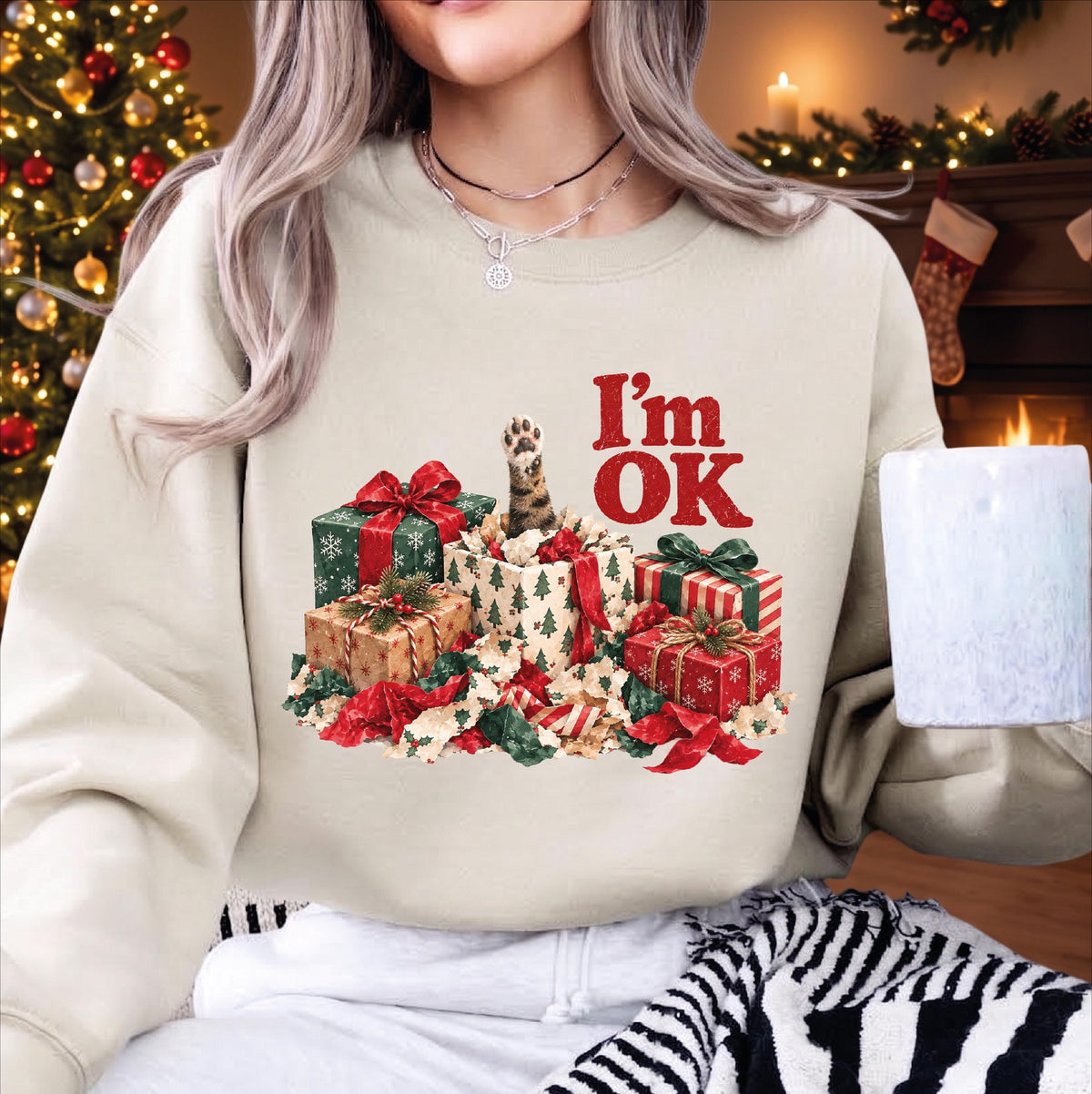 Funny Pet Christmas Sweatshirt, I'm OK Cat Gift Box Crewneck, Cute Holiday Sweater, Christmas Gift for Cat Lovers
