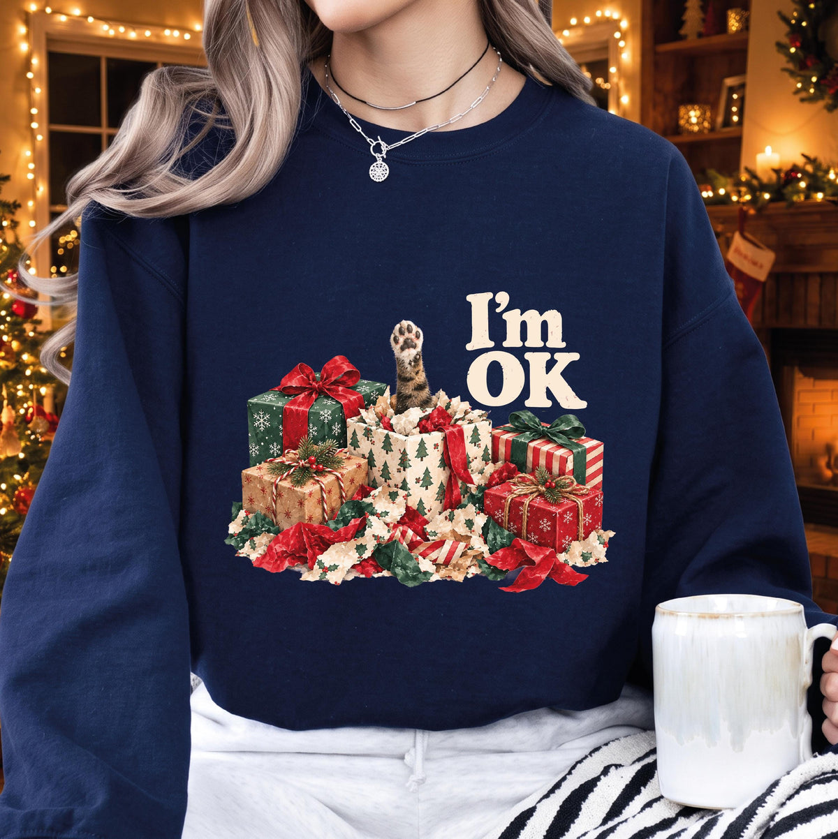 Funny Pet Christmas Sweatshirt, I'm OK Cat Gift Box Crewneck, Cute Holiday Sweater, Christmas Gift for Cat Lovers