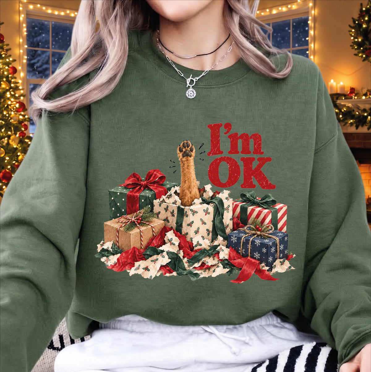 Funny Pet Christmas Sweatshirt, I'm OK Cat Gift Box Crewneck, Cute Holiday Sweater, Christmas Gift for Cat Lovers