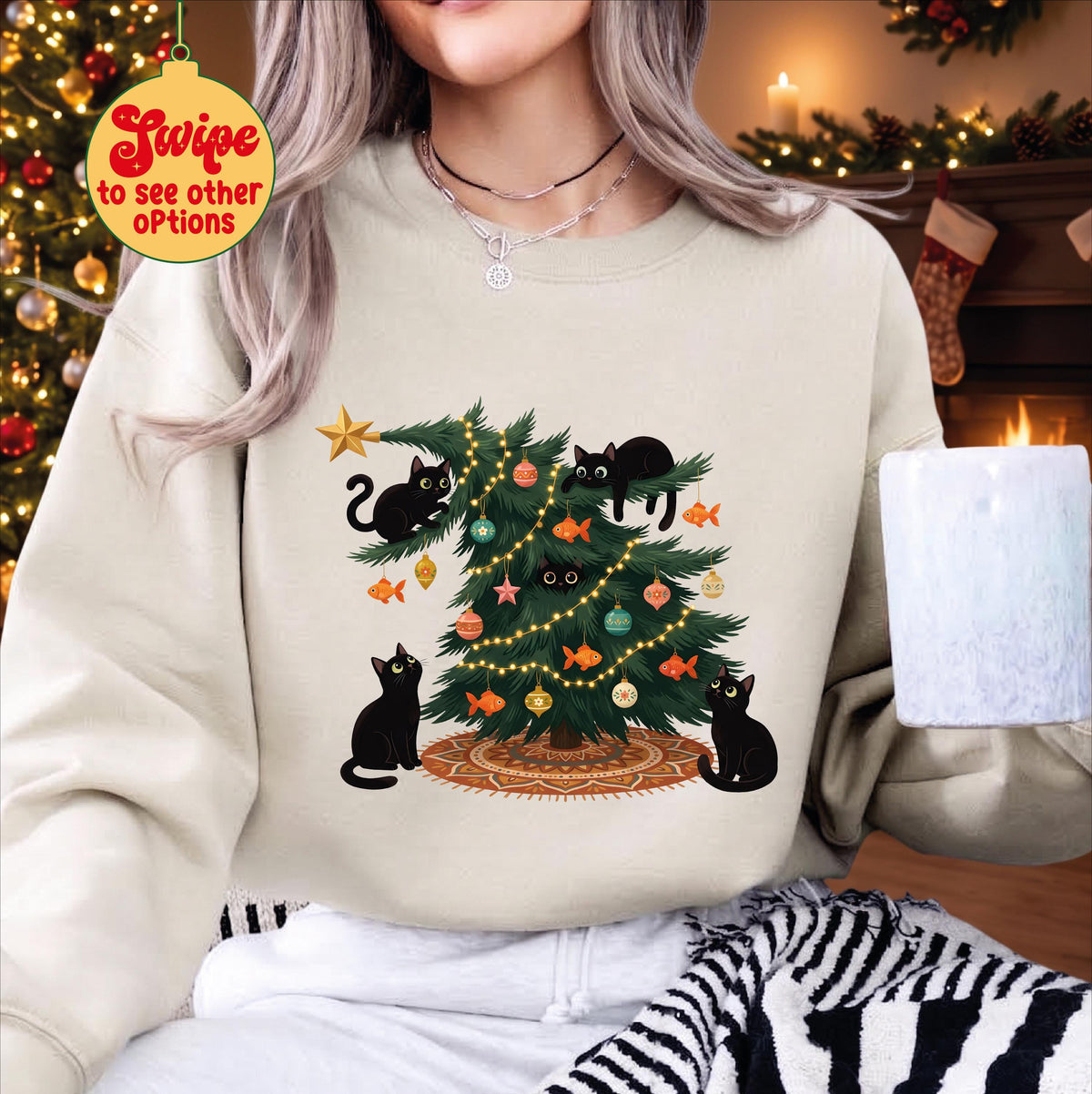 Funny Pet Christmas Tree Sweatshirt, Naughty Cat and Dog Holiday Shirt, Dog Mom Xmas Gift, Black Cat Winter Apparel, Pet Lover Sweater