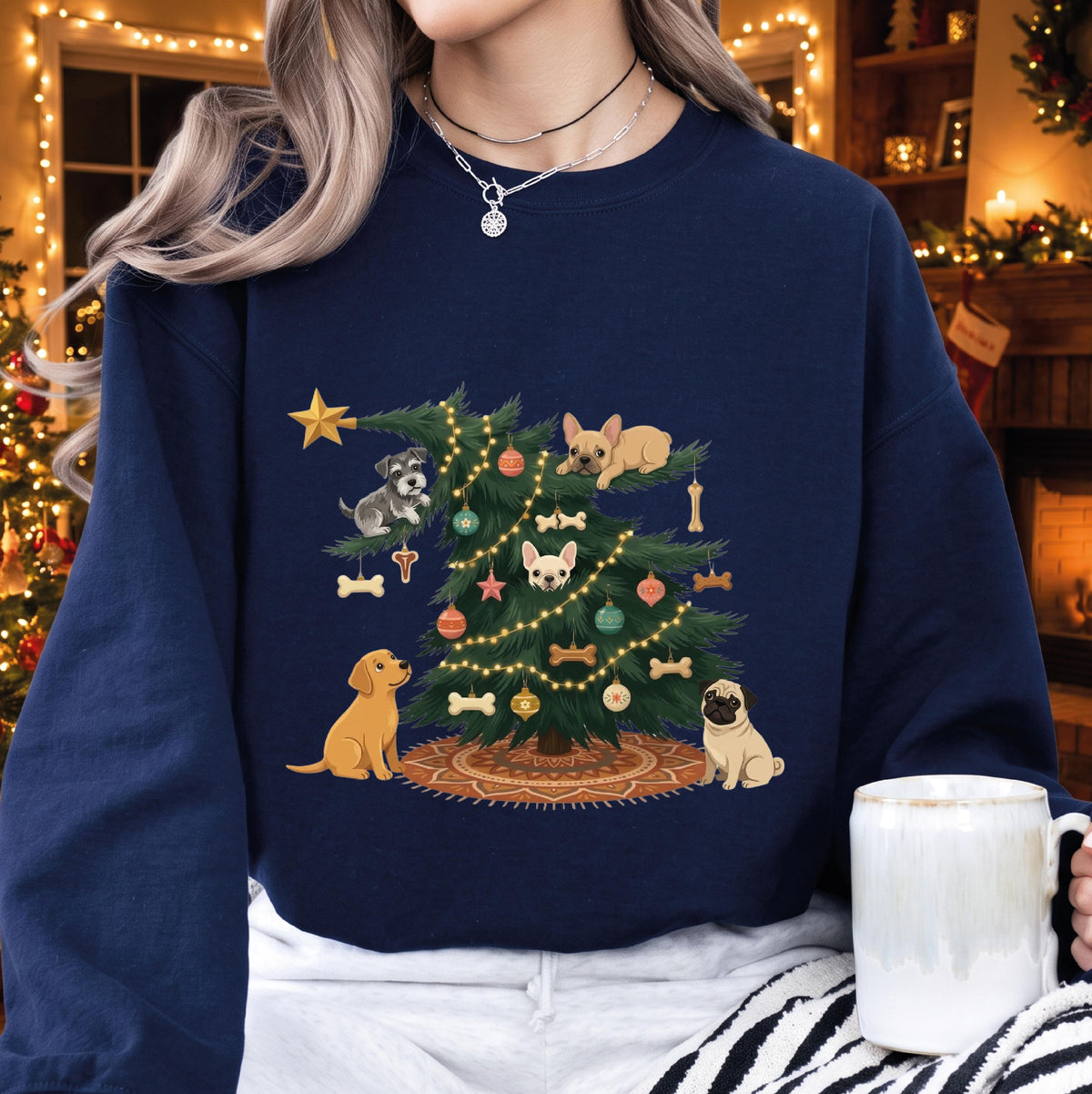 Funny Pet Christmas Tree Sweatshirt, Naughty Cat and Dog Holiday Shirt, Dog Mom Xmas Gift, Black Cat Winter Apparel, Pet Lover Sweater