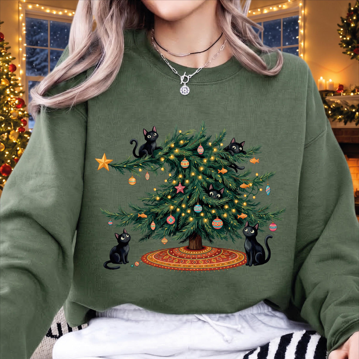 Funny Pet Christmas Tree Sweatshirt, Naughty Cat and Dog Holiday Shirt, Dog Mom Xmas Gift, Black Cat Winter Apparel, Pet Lover Sweater