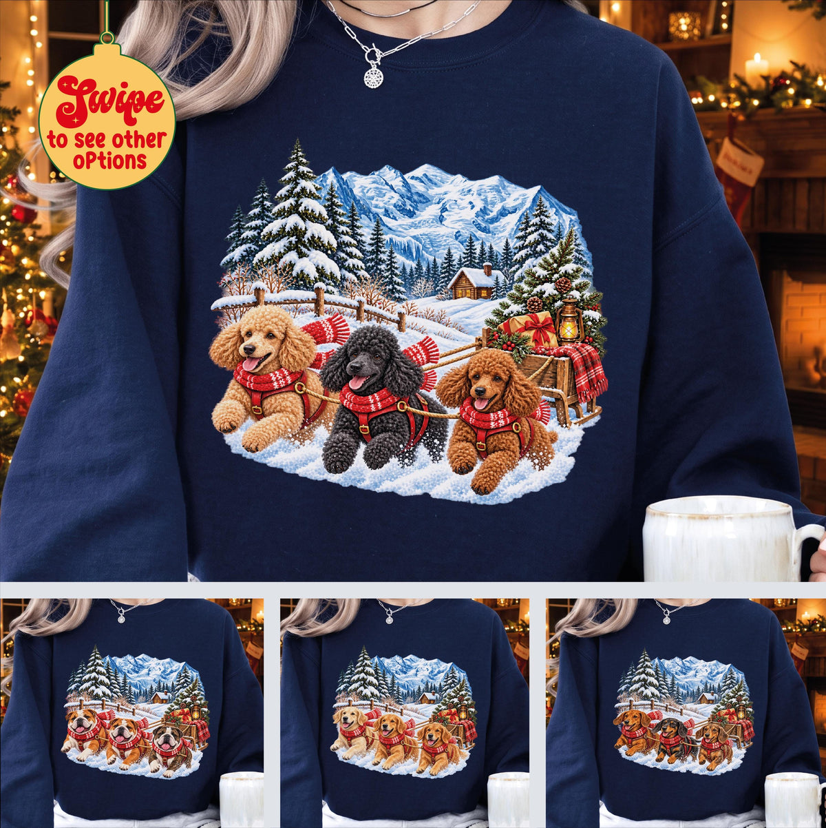 Vintage Christmas Dog Sled Sweatshirt, Custom Breed Holiday Pullover, Winter Wonderland Dog Mom Shirt, Retro Snowy Mountain Sweater