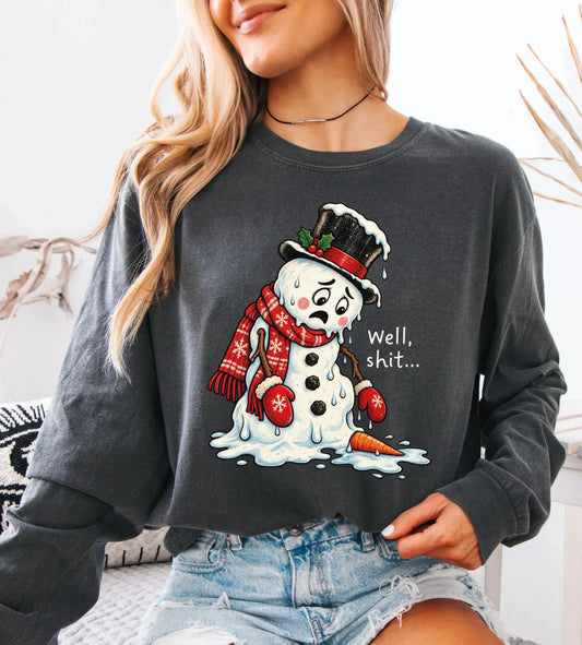 Snowman Comfort Colors® Long Sleeve Shirt, Funny Melting Snowman Christmas Tee