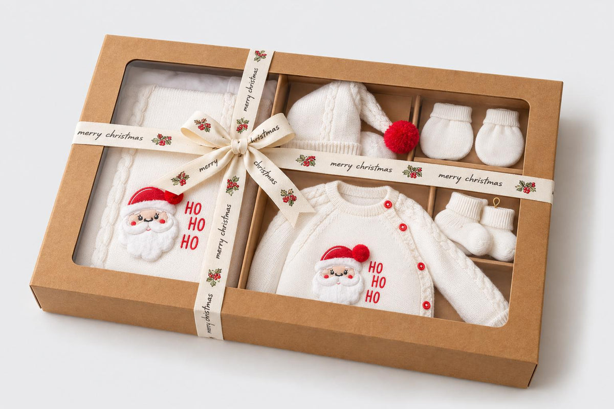 Knit Baby Christmas Outfit, Knitted Newborn Santa Romper, Newborn Gift Box, New Baby Gift Box, Baby Shower Gift