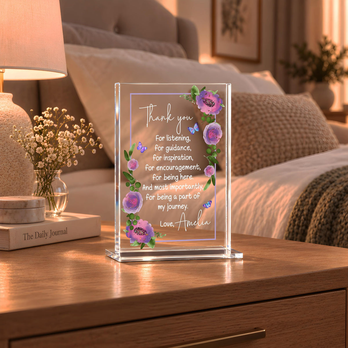 Custom Floral Acrylic Thank You Plaque, Purple Flower Appreciation Gift
