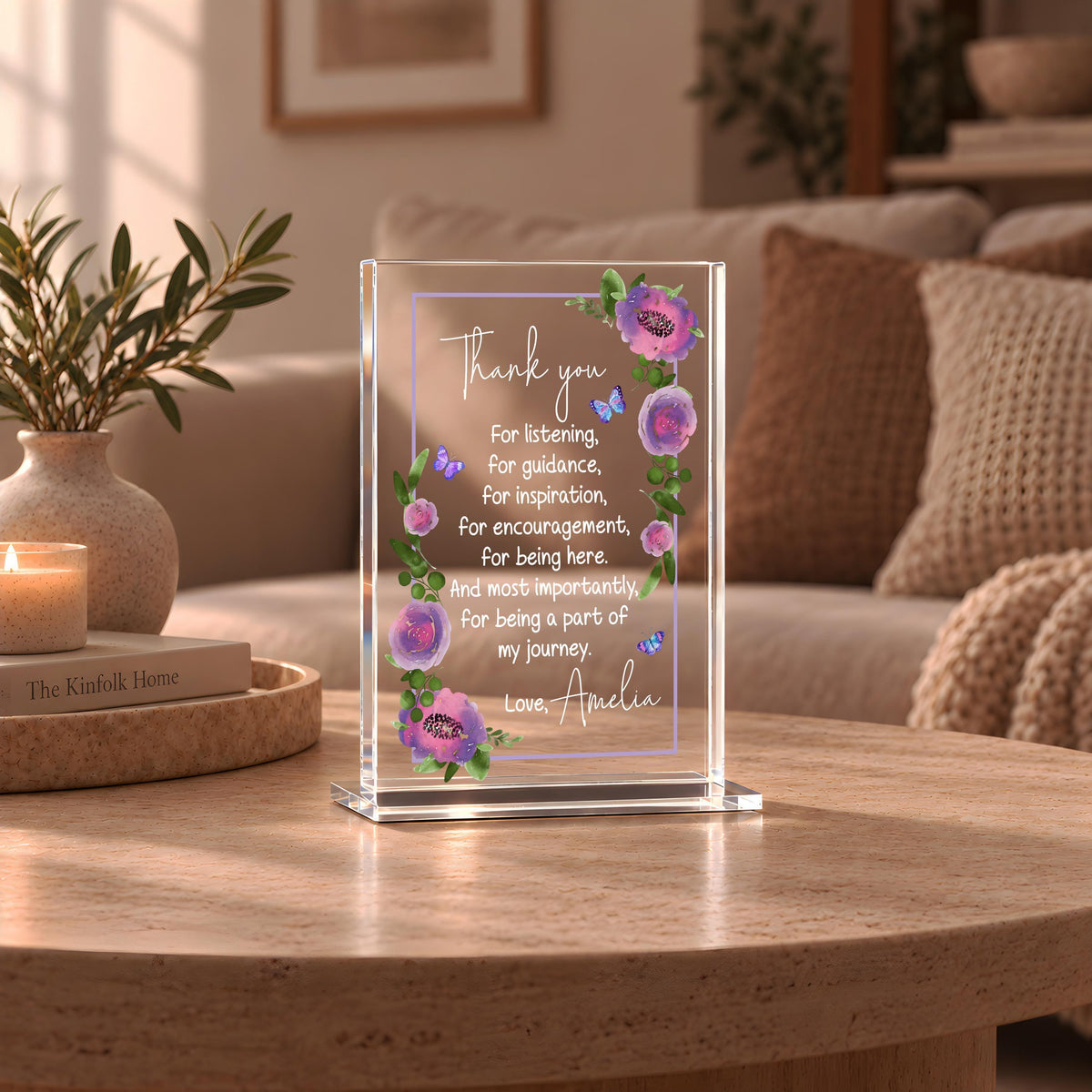 Custom Floral Acrylic Thank You Plaque, Purple Flower Appreciation Gift