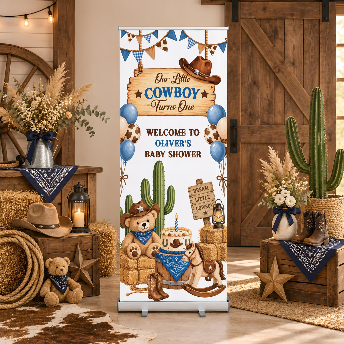 Custom Western Baby Shower Bundle, Little Cowboy Roll Up Banner and Favor Labels