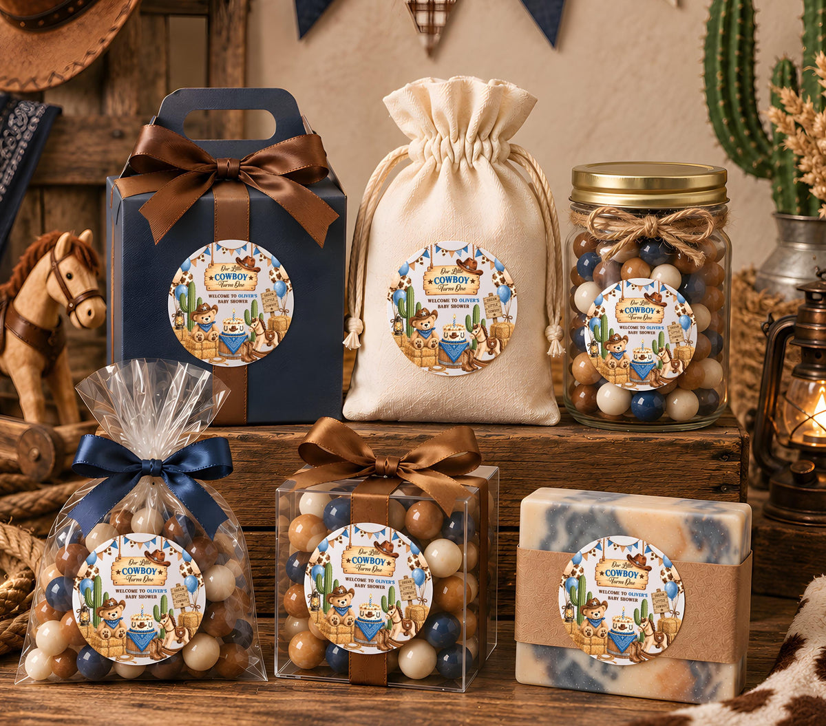 Custom Western Baby Shower Bundle, Little Cowboy Roll Up Banner and Favor Labels