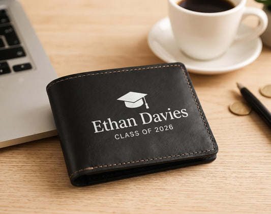 Personalized Class of 2027 Graduation Wallet, Custom Engraved Bifold Gift for Him