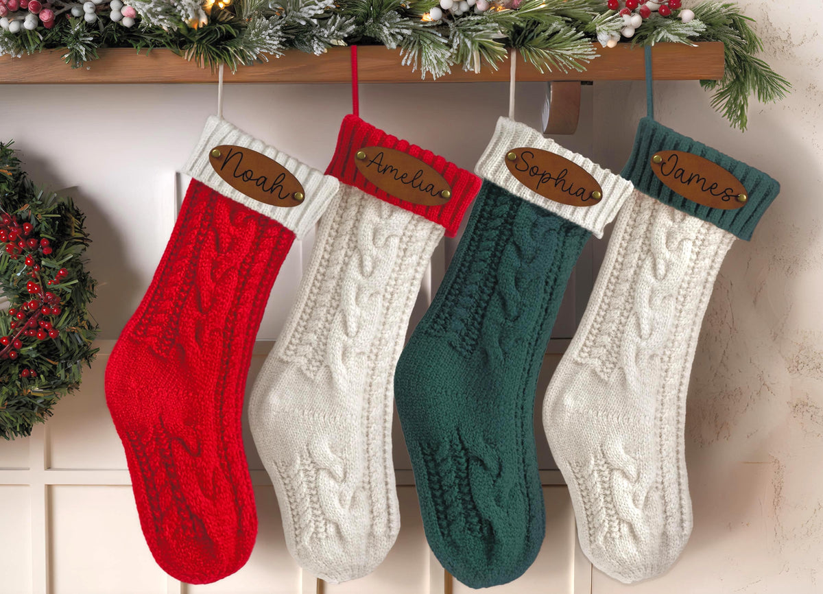 Personalized Engraved Leather Patch Christmas Stocking, Custom Name Knit Family Stocking