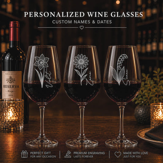 Personalized Engraved Wine Glass, Custom Birth Flower Name Design