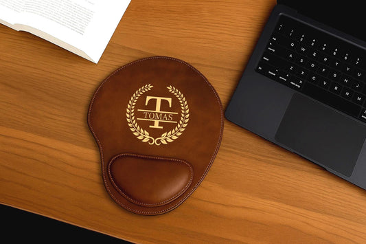 Monogrammed Vegan Leather Mouse Pad, Laser Engraved Desk Accessory