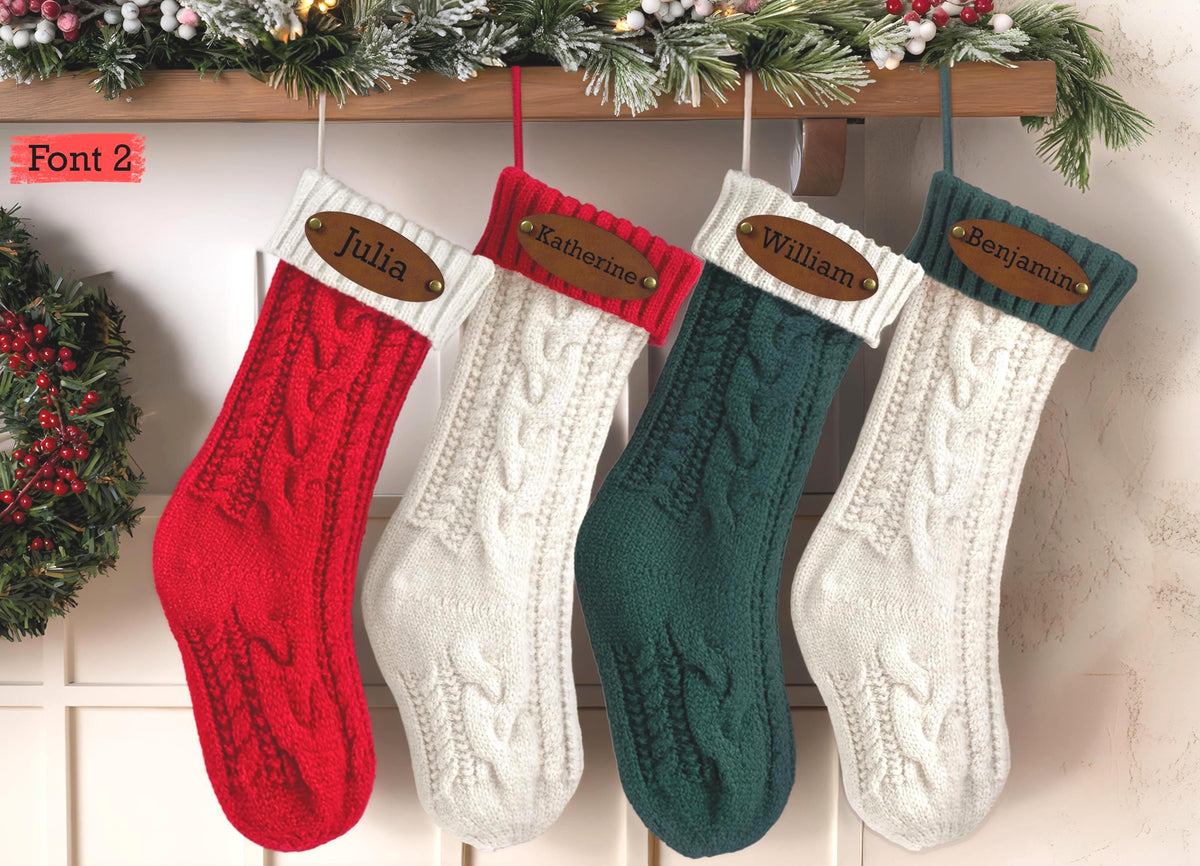 Custom Engraved Leather Patch Christmas Stockings, Personalized Family Holiday Decor