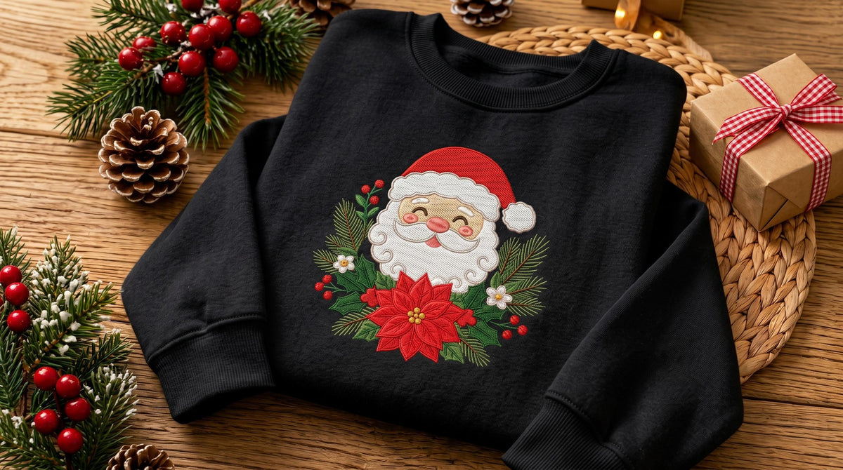 Embroidered Santa Claus Floral Sweatshirt, Poinsettia Christmas Crewneck