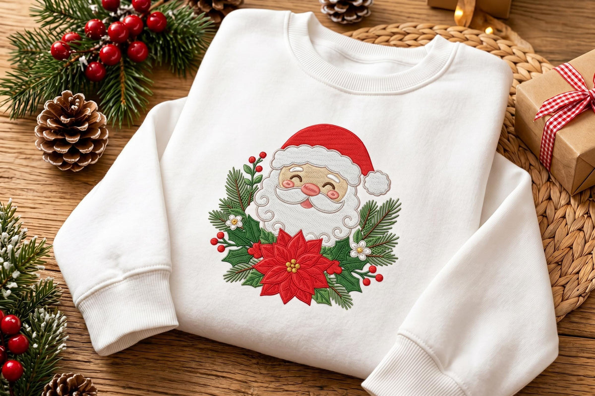 Embroidered Santa Claus Floral Sweatshirt, Poinsettia Christmas Crewneck