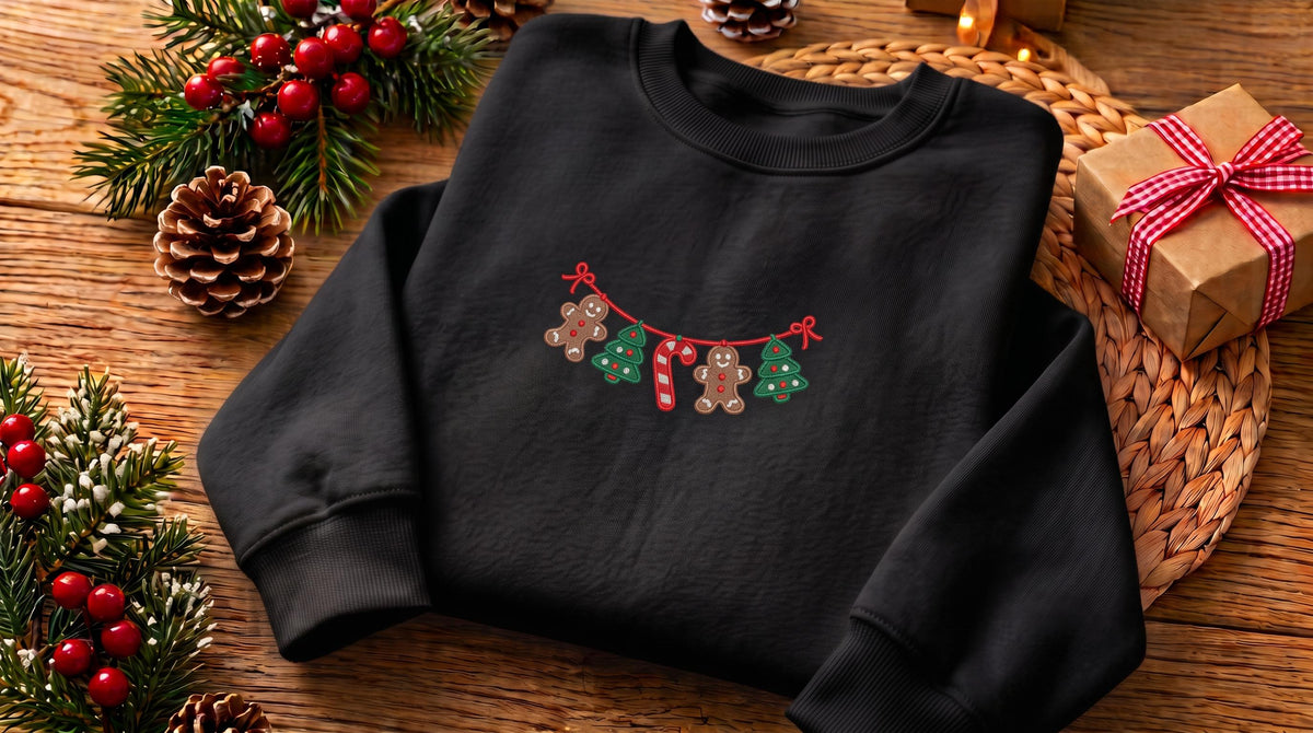 Christmas Gingerbread Embroidered Sweatshirt, Xmas Tree Garland Holiday Crewneck